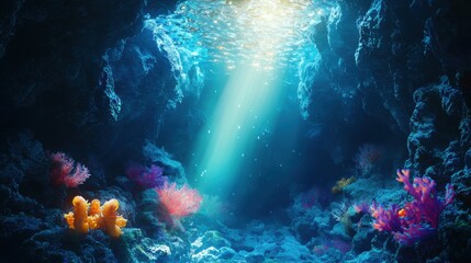Fototapeta premium Underwater Scene with Vibrant Coral and Sunlight Rays in Ocean Depths