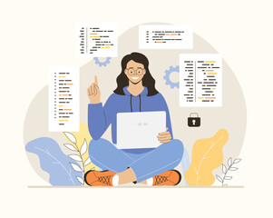 Backend development and programming. Programmer coding and testing program code, creating apps, working on computer. Flat vector illustration.