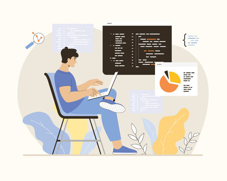Backend development coding and programming. IT specialist sit and write code on a laptop for website, develop programs, software and applications. Flat vector illustration.