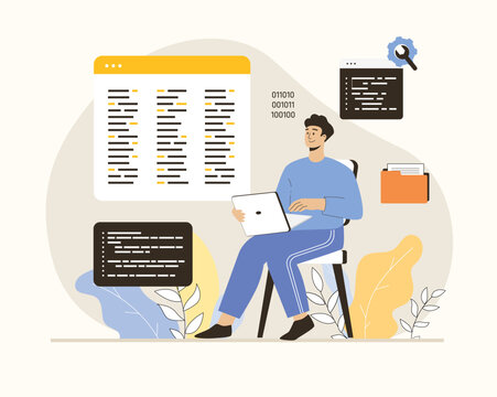 Backend development coding and programming. Programmer and engineering write code. Software developer. Flat vector illustration.