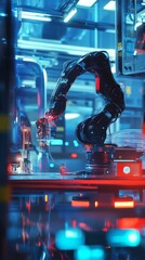 A futuristic robotic arm working in a vibrant industrial setting. It showcases advanced technology in automation and precision. This image captures innovation and efficiency. Generative AI