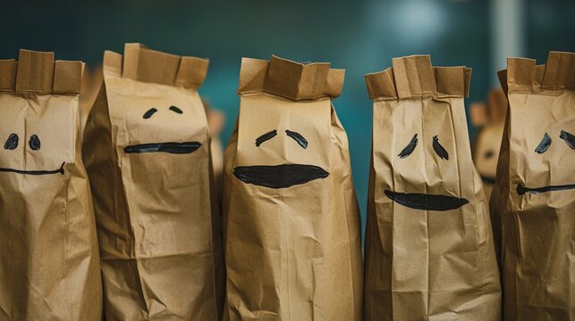Creative paper bag puppets with drawn faces, expressing various emotions, lined up against a blurred background in a whimsical and expressive display of art.
