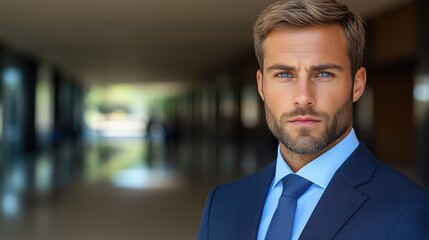 Naklejka premium A well-groomed man with striking blue eyes and light brown hair stands confidently in a formal suit and tie. Sunlight filters through the modern architecture, enhancing the elegant environment