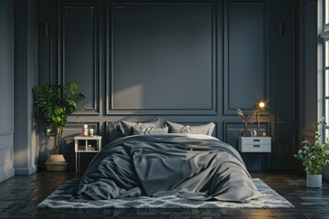 Grey Bedroom Interior with Bed and Nightstand with Decoration Mockup Frames