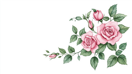 Floral corner border design with elegant pastel roses and green leaves, delicately framing a solid white background