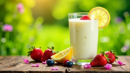 Kefir with berries on green field background, space for text