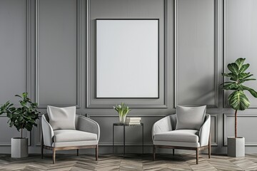 High Definition Image of Grey Living Room with Two Armchairs and a Square Poster