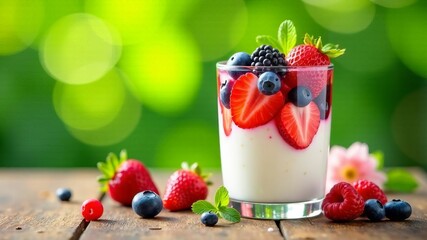 Yogurt with strawberries and blueberries in glass on wooden background, space for text