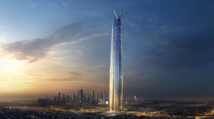 A mesmerizing nighttime view of the Kingdom Tower in Riyadh, Saudi Arabia, illuminating the skyline with its striking modern architecture