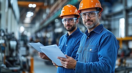 Two workers wearing orange helmets and safety glasses stand in a manufacturing facility, actively reviewing construction plans. Their focus indicates an important collaboration in progress