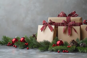 Christmas Gift Arrangement with Pine Branches and Red Ornaments for Festive Decoration