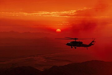 Low-flying ah apache helicopter over desert landscape at sunset aerial photography vast environment