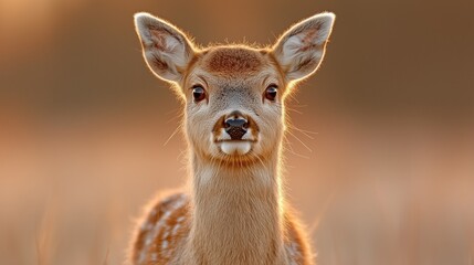 Fototapeta premium young deer stands in a tranquil meadow, illuminated by the warm morning light. calm atmosphere reflects the beauty of nature in a peaceful outdoor habitat