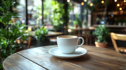 cozy cafe interior features a white cup of coffee on a rustic wooden table. Lush plants and soft lighting create an inviting atmosphere for relaxation and conversation