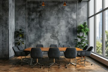 Modern Office Room Interior with Board and Chairs, Panoramic Window Mockup Wall