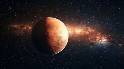 Naklejka premium Red Planet in Glowing Galaxy, A red planet with a glowing atmosphere against a starry galaxy background
