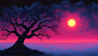 Obraz premium Pixelated Tree Silhouette At Vibrant Sunset