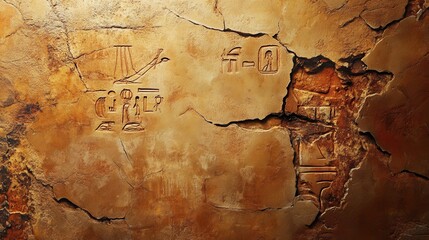 Obraz premium Ancient Hieroglyphs: Close-up of weathered, cracked stone surface revealing ancient hieroglyphs. The symbols are deeply etched, providing a glimpse into a forgotten language and civilization.