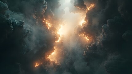 Dramatic clouds illuminated by a bright and beautiful ethereal light