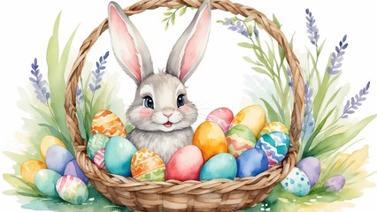Bunny sitting in a basket filled with colorful eggs among flowers in a cheerful spring setting
