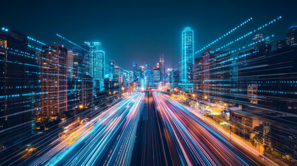 A smart city transformation concept visualized with digital light trails over an urban skyline at night, representing the impact of 5G technology and fiber optics