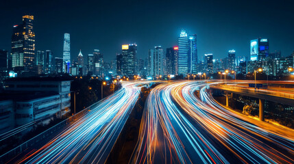 A smart city transformation concept visualized with digital light trails over an urban skyline at night, representing the impact of 5G technology and fiber optics