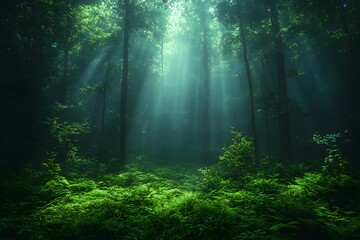 Naklejka premium Enchanted Forest with Sunlight Beams Through Dense Trees - Nature Photography for Posters and Prints