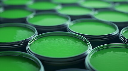 Fototapeta premium A close-up view of multiple paint cans filled with vibrant green paint, showcasing their glossy surfaces and consistent color.