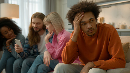 African American sad pensive thinking troubled problem frustrated man guy male at home separated...