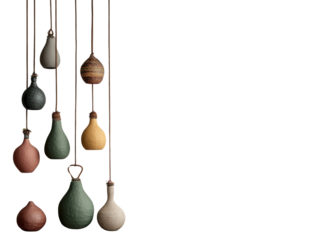 Hanging clay pots in various colors, isolated