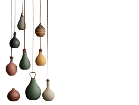 Hanging clay pots in various colors, isolated