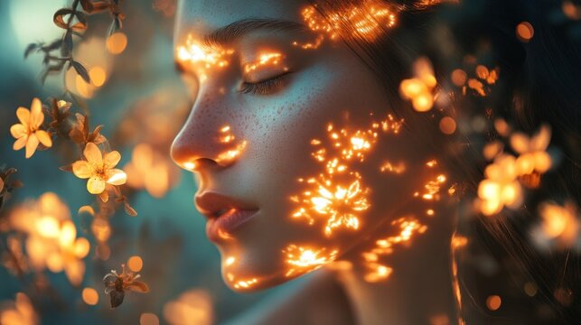 Ethereal glow, illuminated portrait with floral auric projection