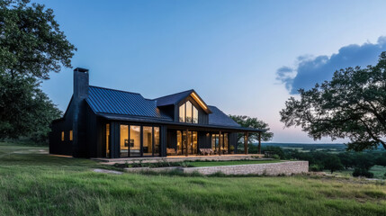Obraz premium Modern farmhouse stands amidst golden grass in serene rural landscape during sunset
