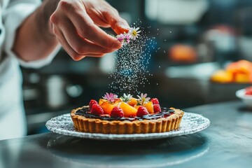 A close-up of a chef sprinkling edible flowers over a fresh fruit tart, with delicate petals in crisp focus and the busy kitchen softly blurred