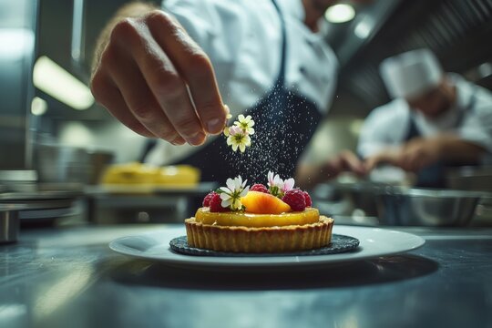 Close-up of a chef delicately sprinkling powdered sugar and edible flowers on a peach and raspberry tart in a bustling restaurant kitchen environment.