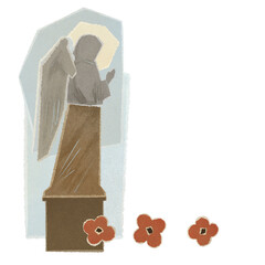 Statue of praying angel and poppies, illustration isolated on white background