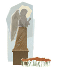 Statue of praying angel and poppies, illustration isolated on white background