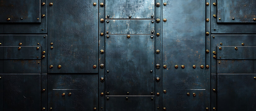 Dark riveted metal panels with a subtle rust texture arranged symmetrically for a rugged industrial look.