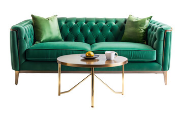 Fototapeta premium Modern green velvet sofa and armchair set in a comfortable indoor room with soft cushions and contemporary design on a transparent background