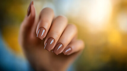 Close-up of a woman's hand showcasing manicured nails with a glossy light brown finish against a soft-focus autumnal background.