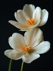 Fototapeta premium Two delicate creamy white blossoms with vibrant orange centers stand out against a deep dark background.