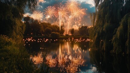 Naklejka premium Reflections of Celebration, Fireworks Illuminate Tranquil Lakeside Scene
