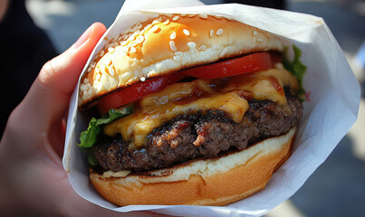 Cheeseburger with Grilled Beef Patty, Tomato, Lettuce, and Melted Cheese in Sesame Bun