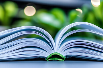 Naklejka premium Open book, pages, reading, nature background, education