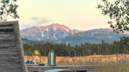 Mountain View Oatmeal Breakfast  Rustic Table  Blueberries  Almonds