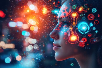 Obraz premium A conceptual image of a woman's profile with illuminated gears and light bulbs, symbolizing innovation, creativity, and the power of human thought process.