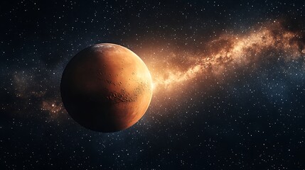 Obraz premium Red Planet in Glowing Galaxy, A red planet with a glowing atmosphere against a starry galaxy background