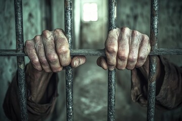 An inmate's weathered hands clutch rusted prison bars, symbolizing a dark side of justice, confinement, and yearning for freedom within the penitentiary.