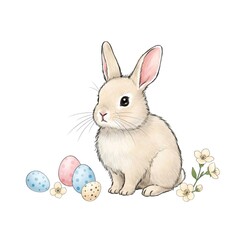 Fototapeta premium Cute easter bunny sitting near painted eggs and spring flowers