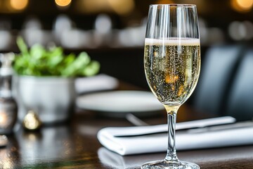 Fototapeta premium Elegant champagne flute filled with sparkling wine, perfectly set on a restaurant table with fine dining ambiance, ideal for celebrations and romantic evenings.